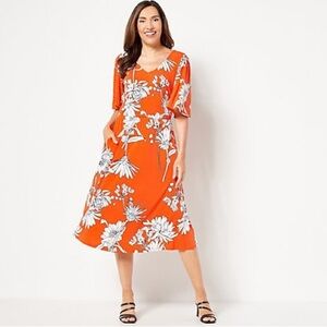 Girl With Curves Dress Sz L Orange/White Floral Flutter Sleeves Maxi V-Neck